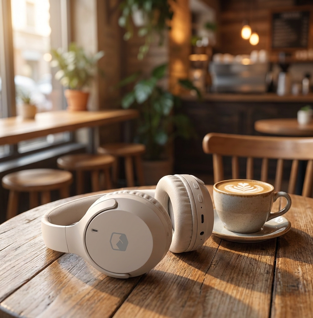 Audifonos Bluetooth Inalambricos Over  - on a coffee shop table next to a cup, warm l
