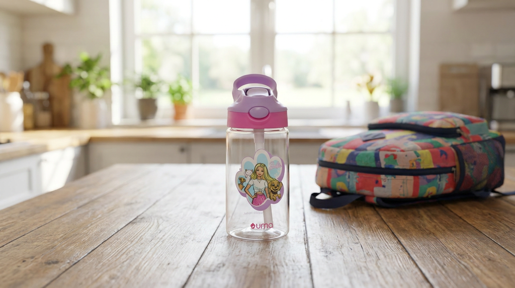 Botella Agua Niños Barbie & Pets 420ml - on a kitchen table next to a school backpack