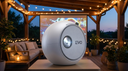 Proyector LED Portátil Focus Mini 720p - a covered terrace at dusk with string lights