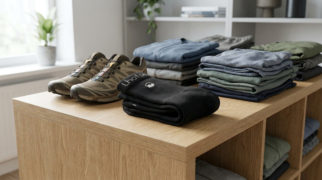Calcetin Deportivo Corte Medio Trail N - a tidy shelf with folded sportswear, soft da