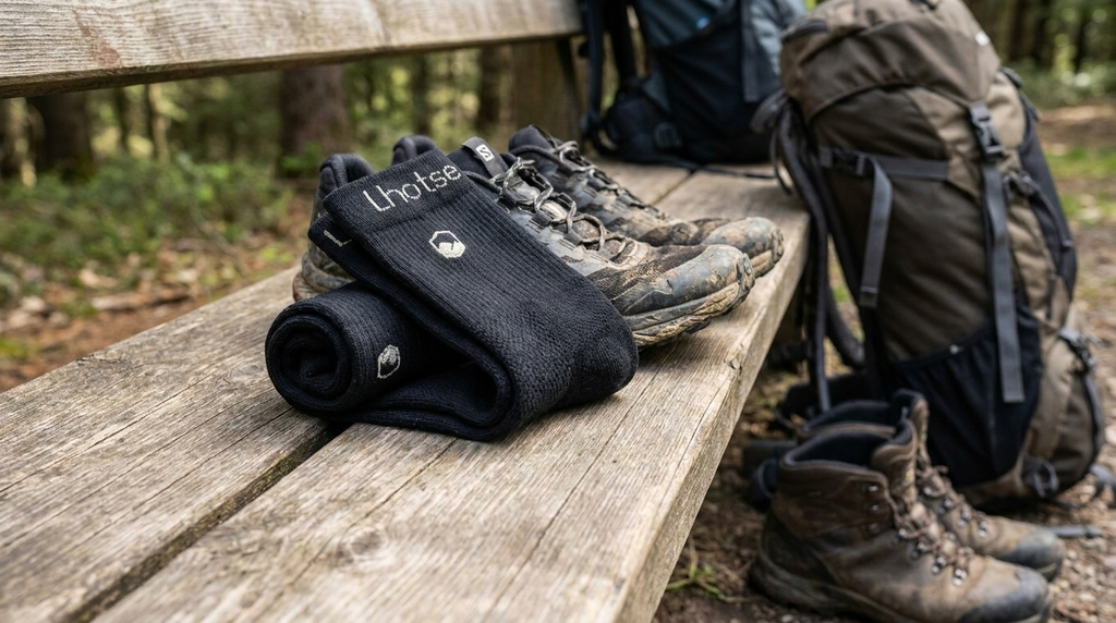 Calcetin Deportivo Corte Medio Trail N - a wooden bench beside hiking boots and a bac