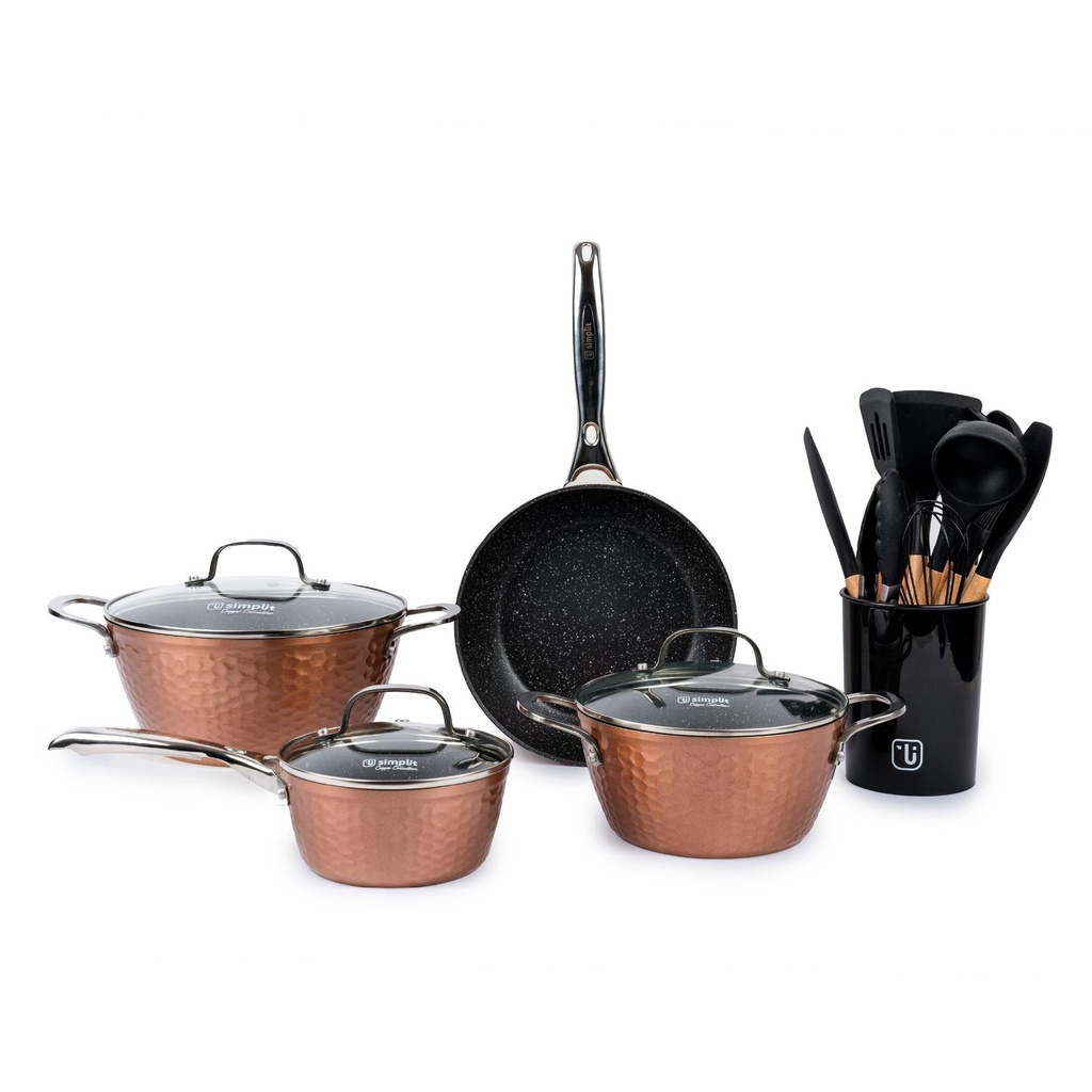 Batería Cocina Copper 7pzs + Set 12 Utensilios Negro Simplit (estudio)