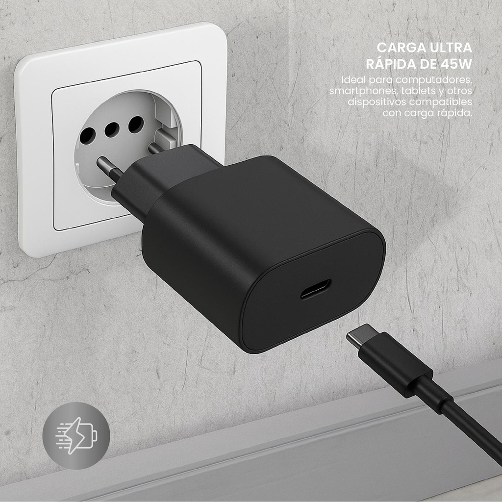 Cargador Ultra Rápido 45W + Cable De Carga Rápida 1Mt LEVO