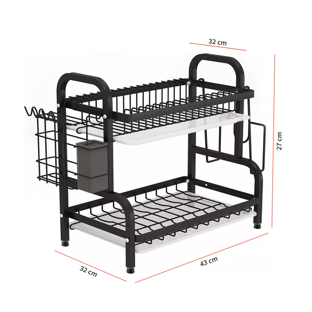 Secaplatos Simplit con sus medidas: 43 cm de largo, 32 cm de fondo y 27 cm de alto