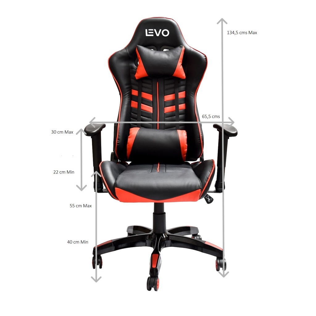 Silla gamer LEVO de frente con sus medidas