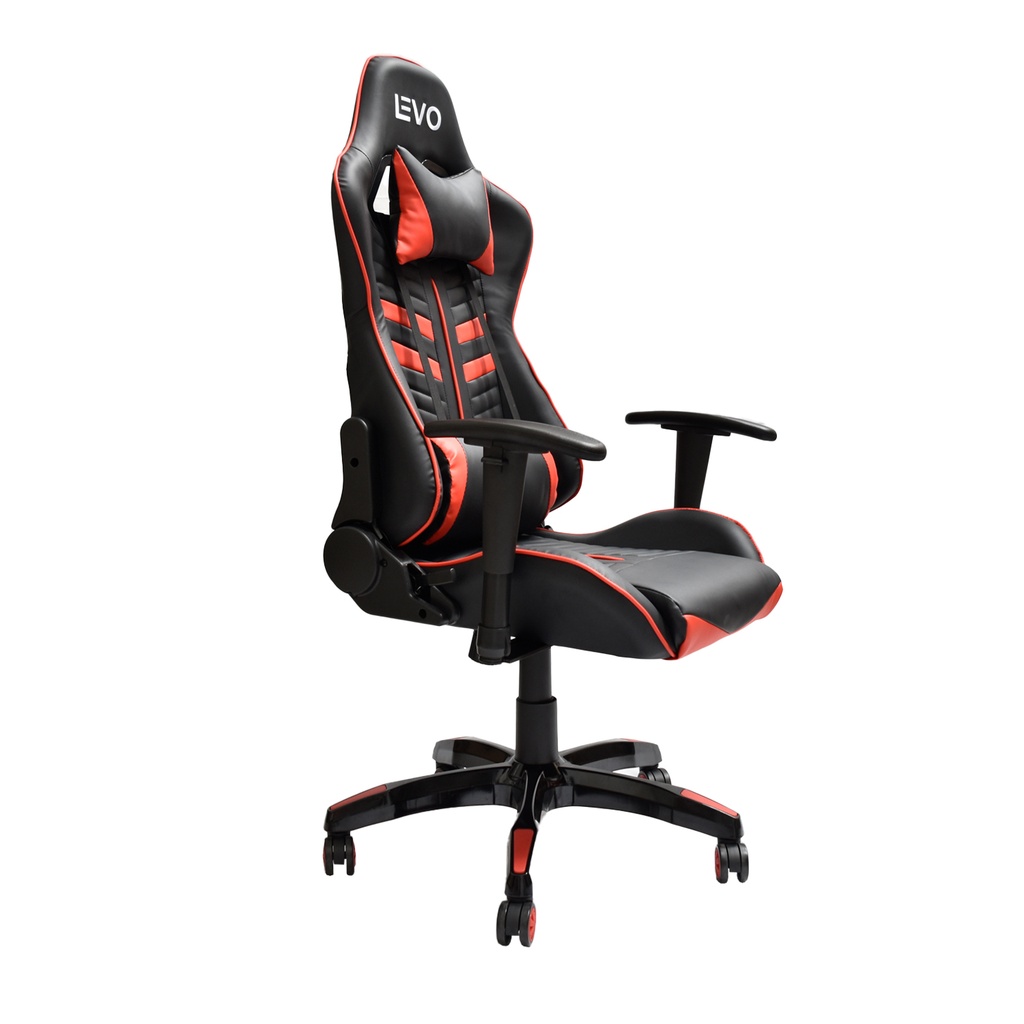 Silla gamer LEVO negra con rojo en vista de tres cuartos