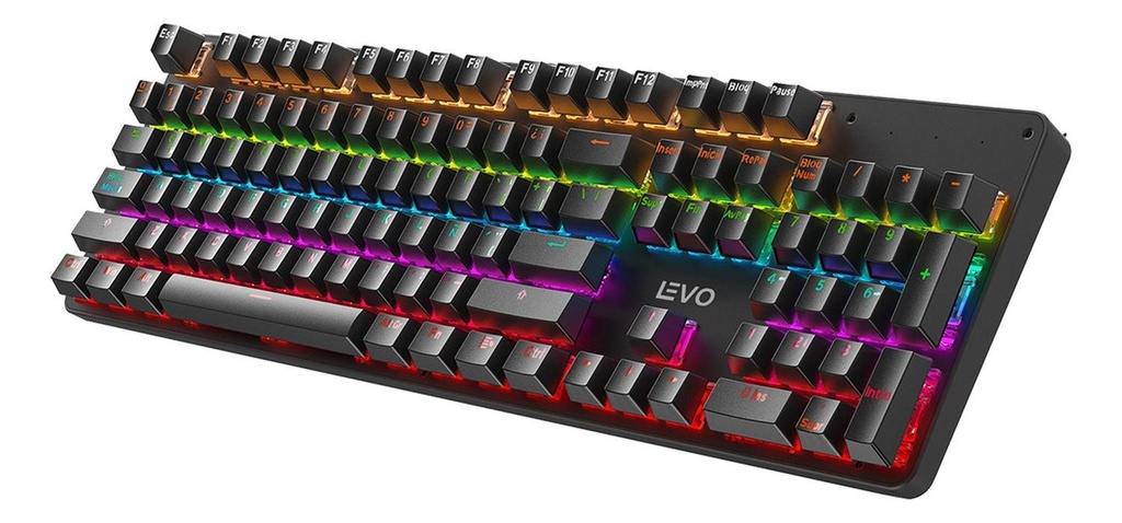 Teclado Storm encendido sobre un escritorio junto a un notebook