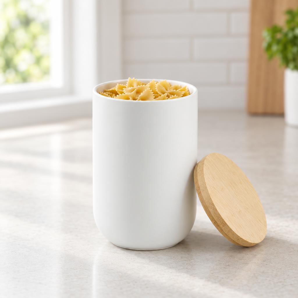 Contenedor Cerámica Hermético Tapa Madera M Blanco Simplit