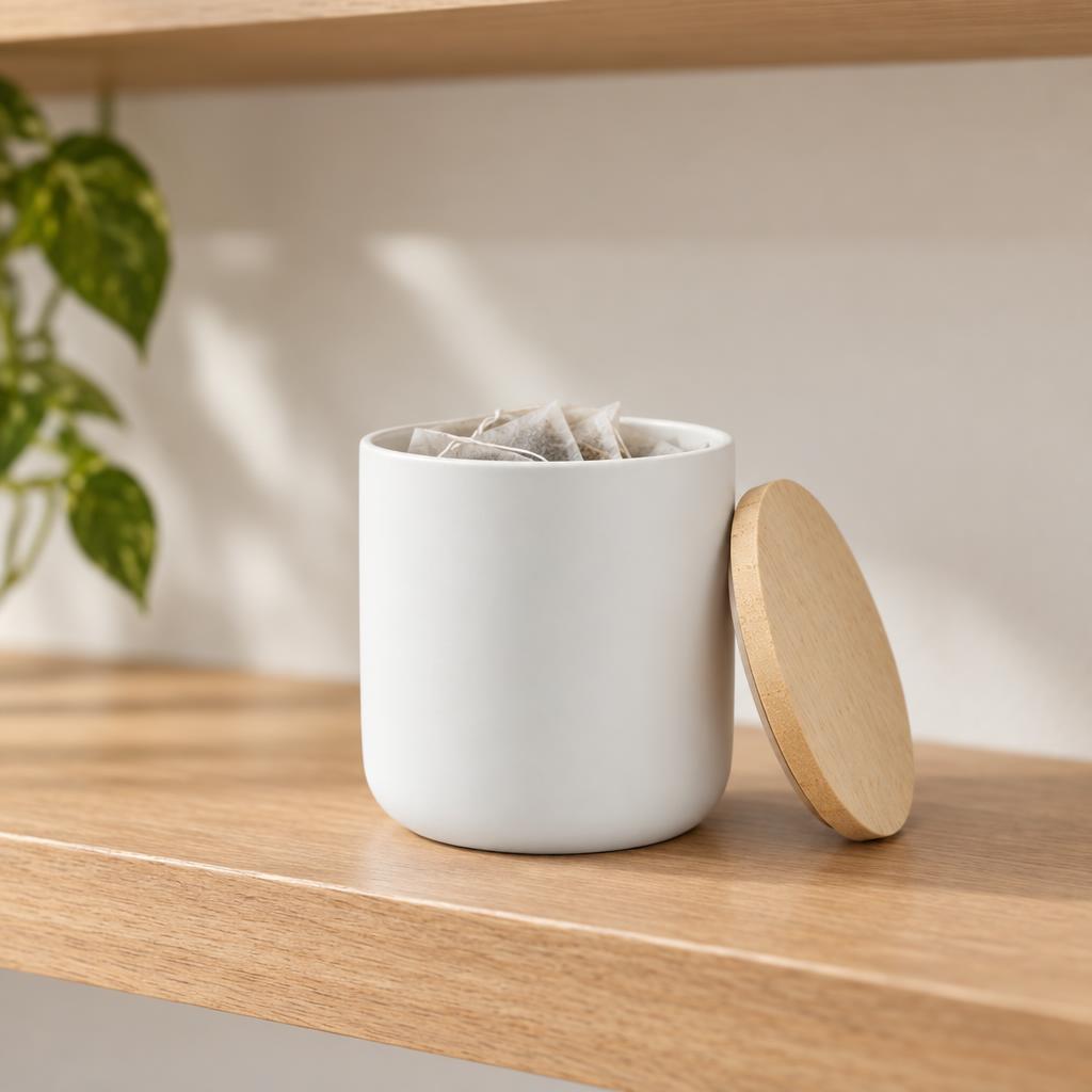 Contenedor Cerámica Hermético Tapa Madera S Blanco Simplit