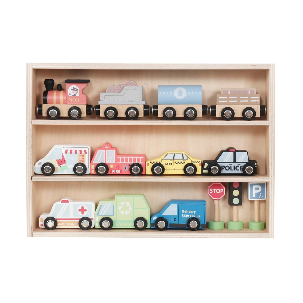 Set Autos de Juguete Tren Pista y Señaleticas Madera Bandú