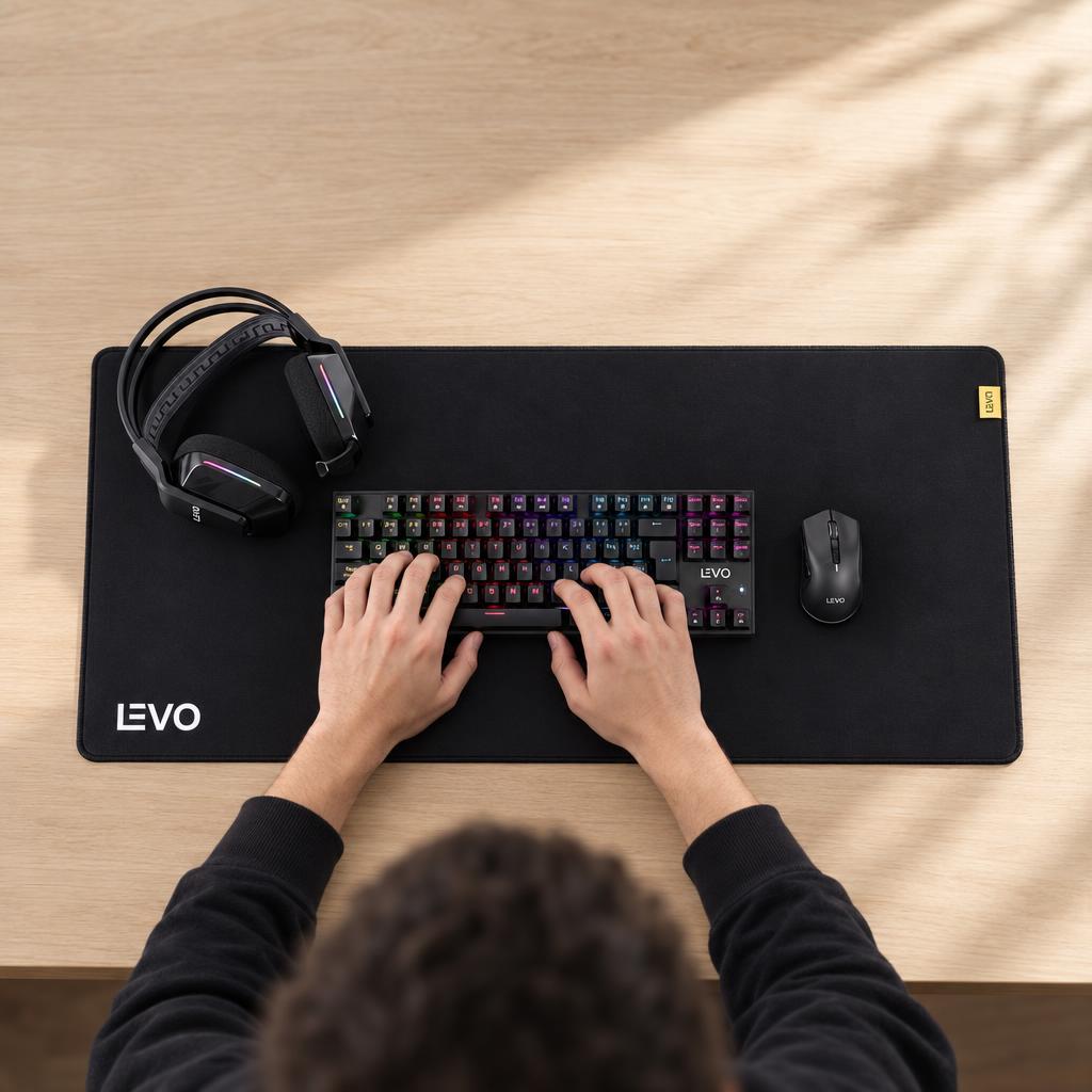 Kit Gamer Teclado + Mouse + Audifono + Mousepad XL Negro Levo