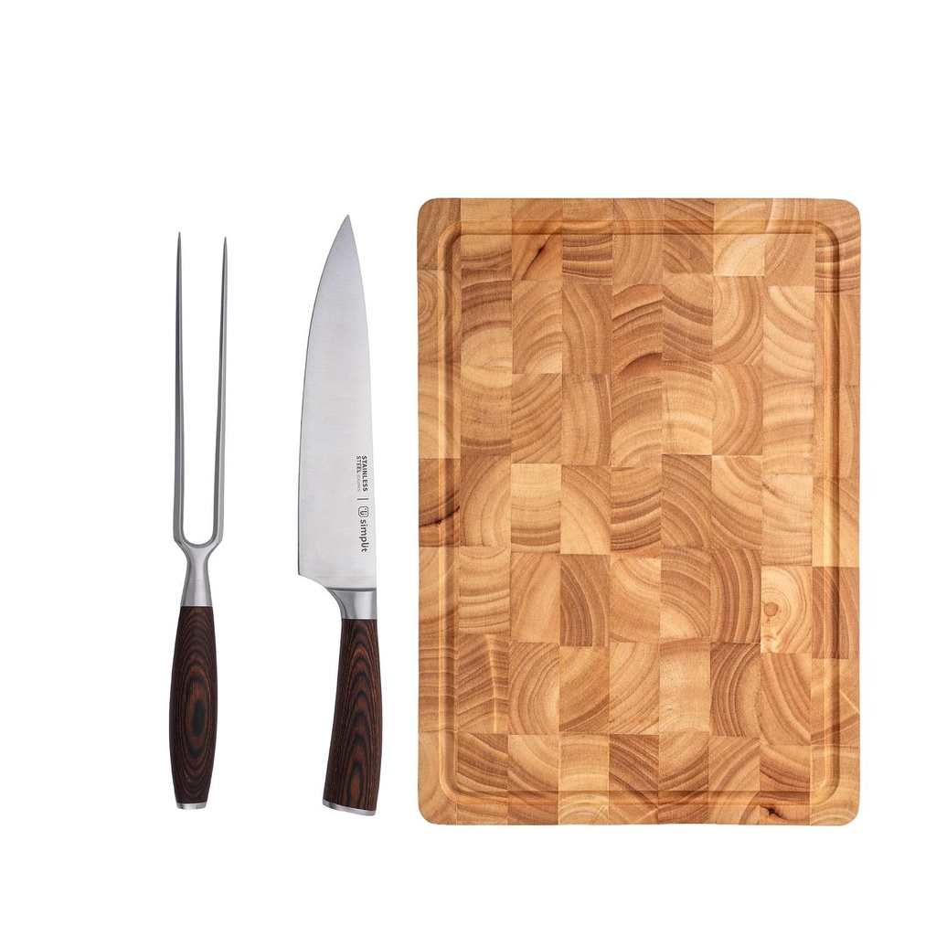 Pack Parrillero Cuchillo 21cm y Tenedor + Tabla 40x28cm Simplit