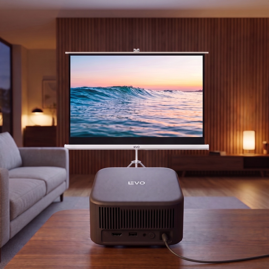 Pack Proyector Portátil Flux + Telón 100" Blanco LEVO