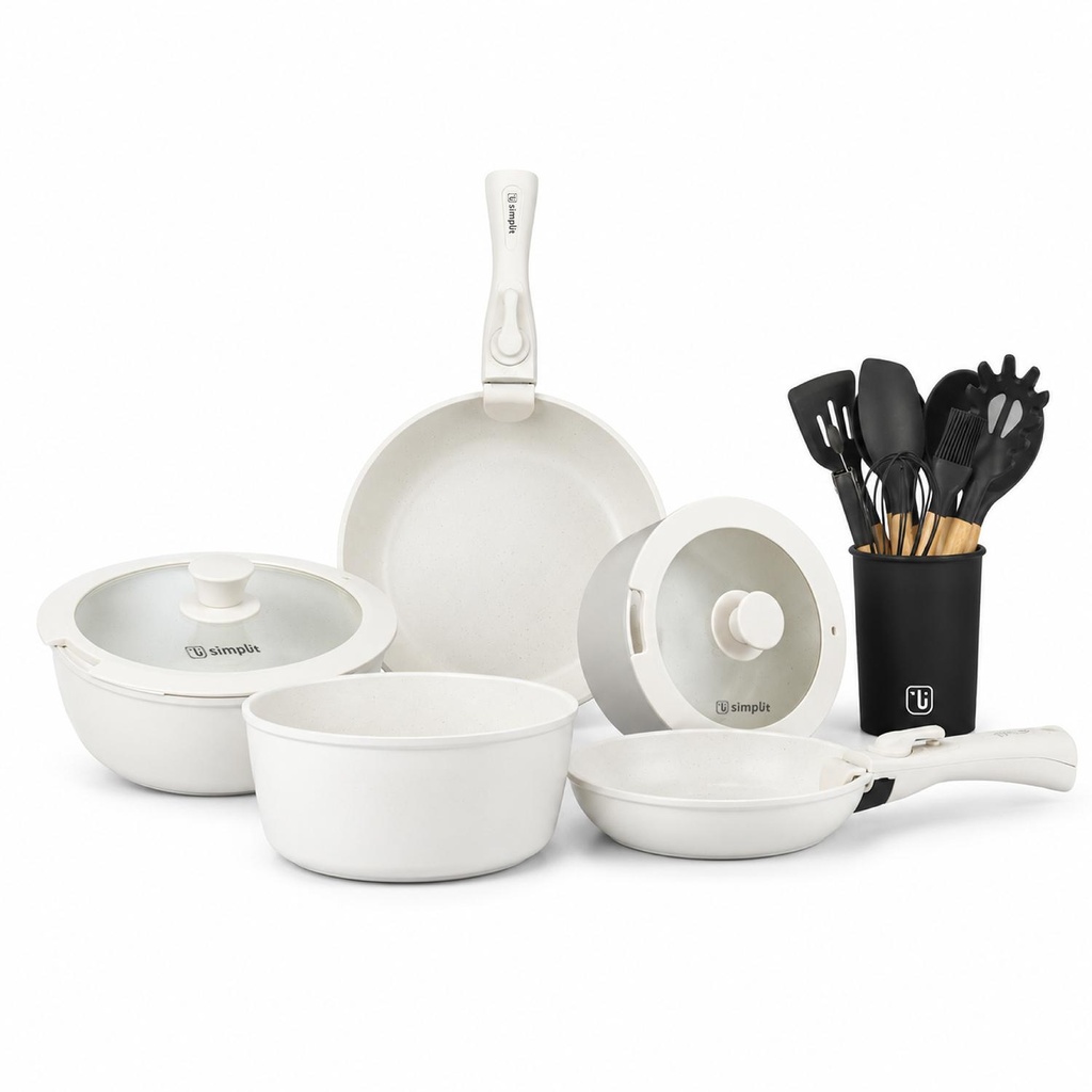 Batería de Cocina Oxford Beige + Set 12 Utensilios Negro