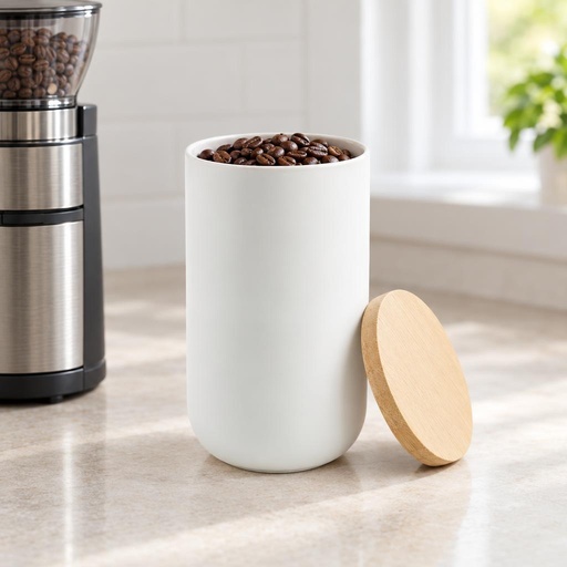 Contenedor Cerámica Hermético Tapa Madera L Blanco Simplit